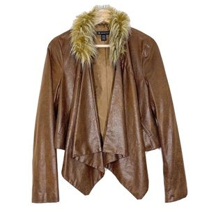 NWT INC Faux Leather Fur Asymmetric Jacket Draped Open Front Brown Sz M